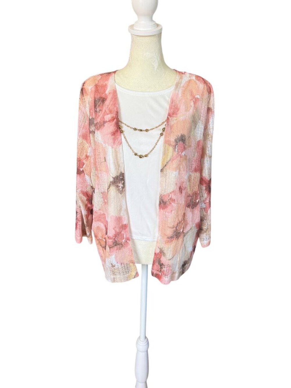 Alfred Dunner Petite pink and white floral tank with 3/4 sleeve overlay top PM